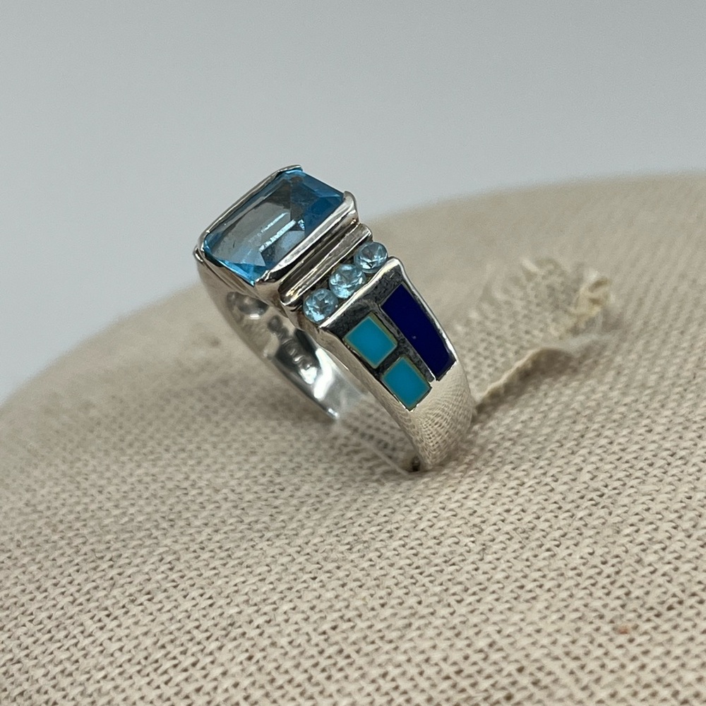 Vintage 925 Sterling Silver Turquoise Lapis Inlay Ring Size 5 - Picture 5 of 16